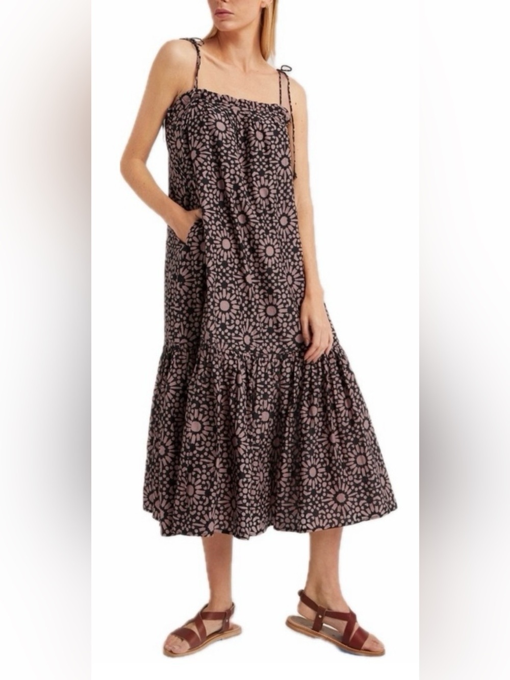 Mirth Savannah Sundress Sunflower Eggplant Print XL Cotton Silk Midi Dress NWT